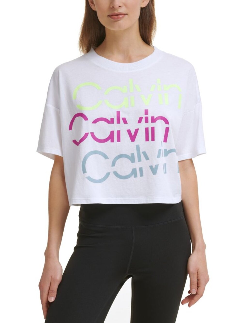 Calvin Klein Womens Activewear Performance Sliced Logo Cropped T-Shirt